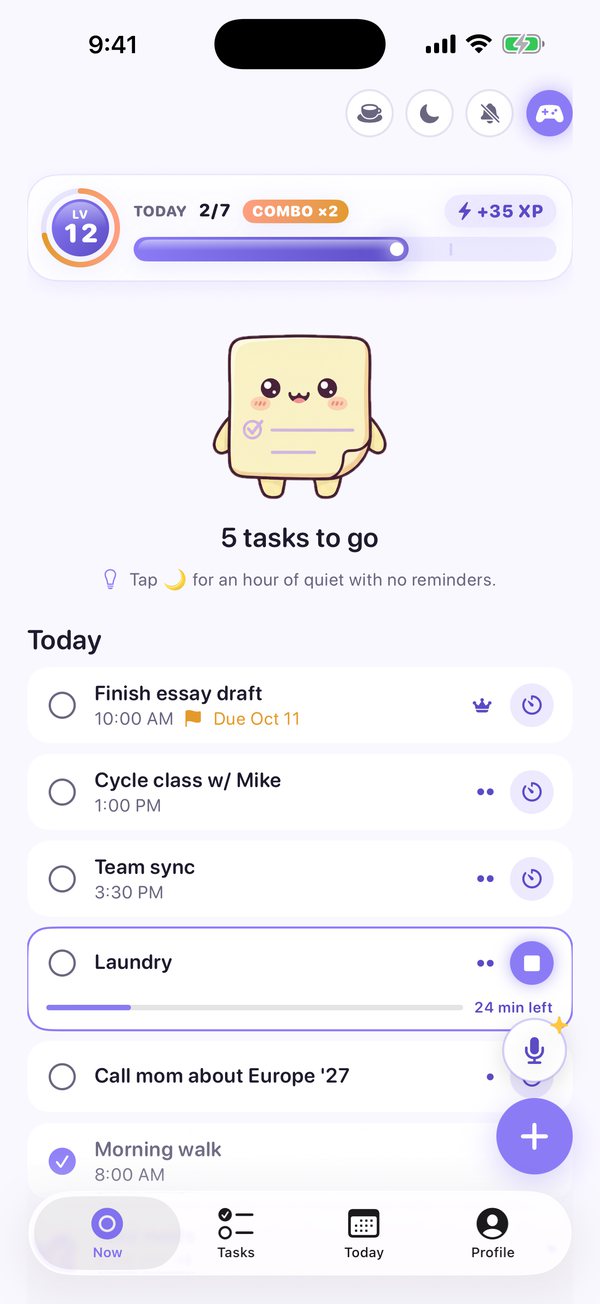 Crumpet's Now screen: today's tasks, a running timer and Listy the buddy