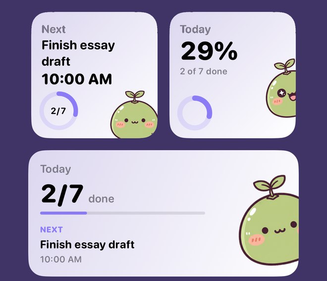 Crumpet Home Screen widgets showing the next task and today's progress